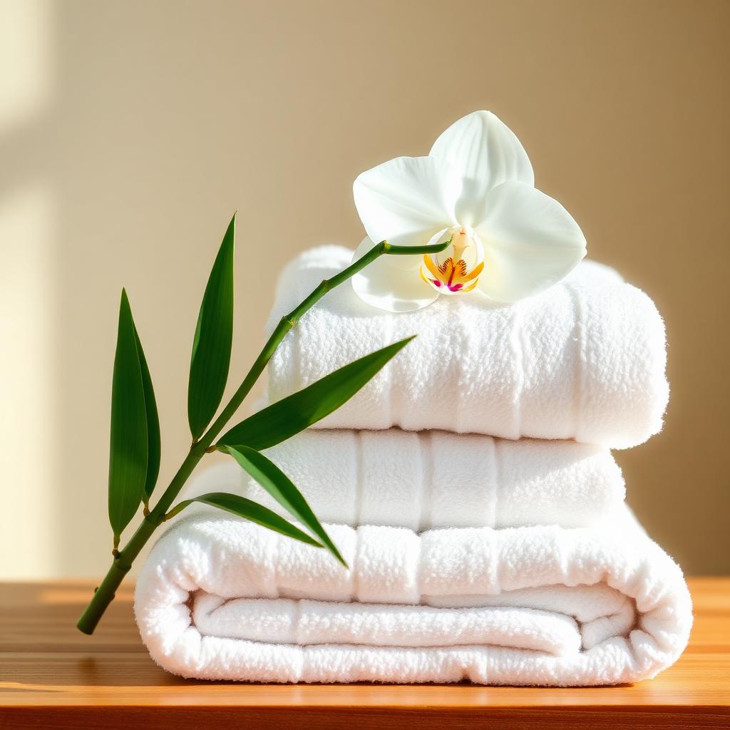 Folded spa towels with orchid